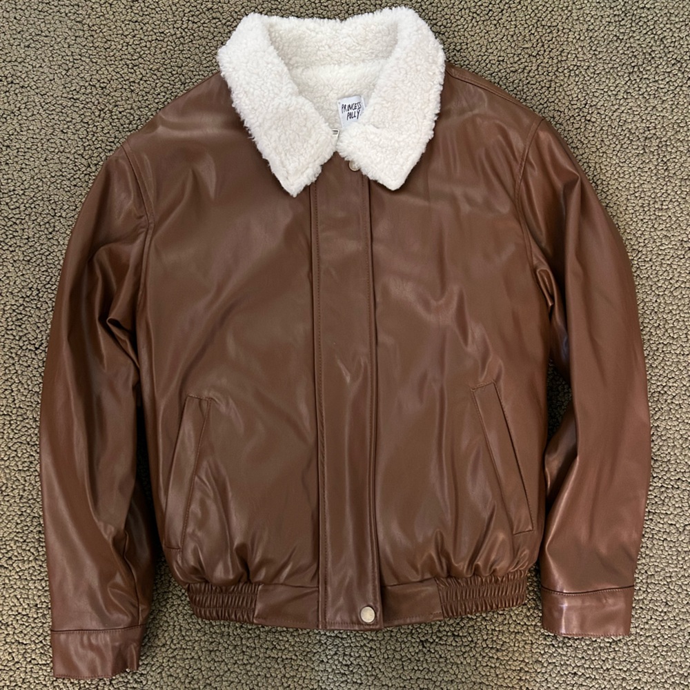 Princess Polly Brown Leather Jacket with Sherpa Collar Size S/M